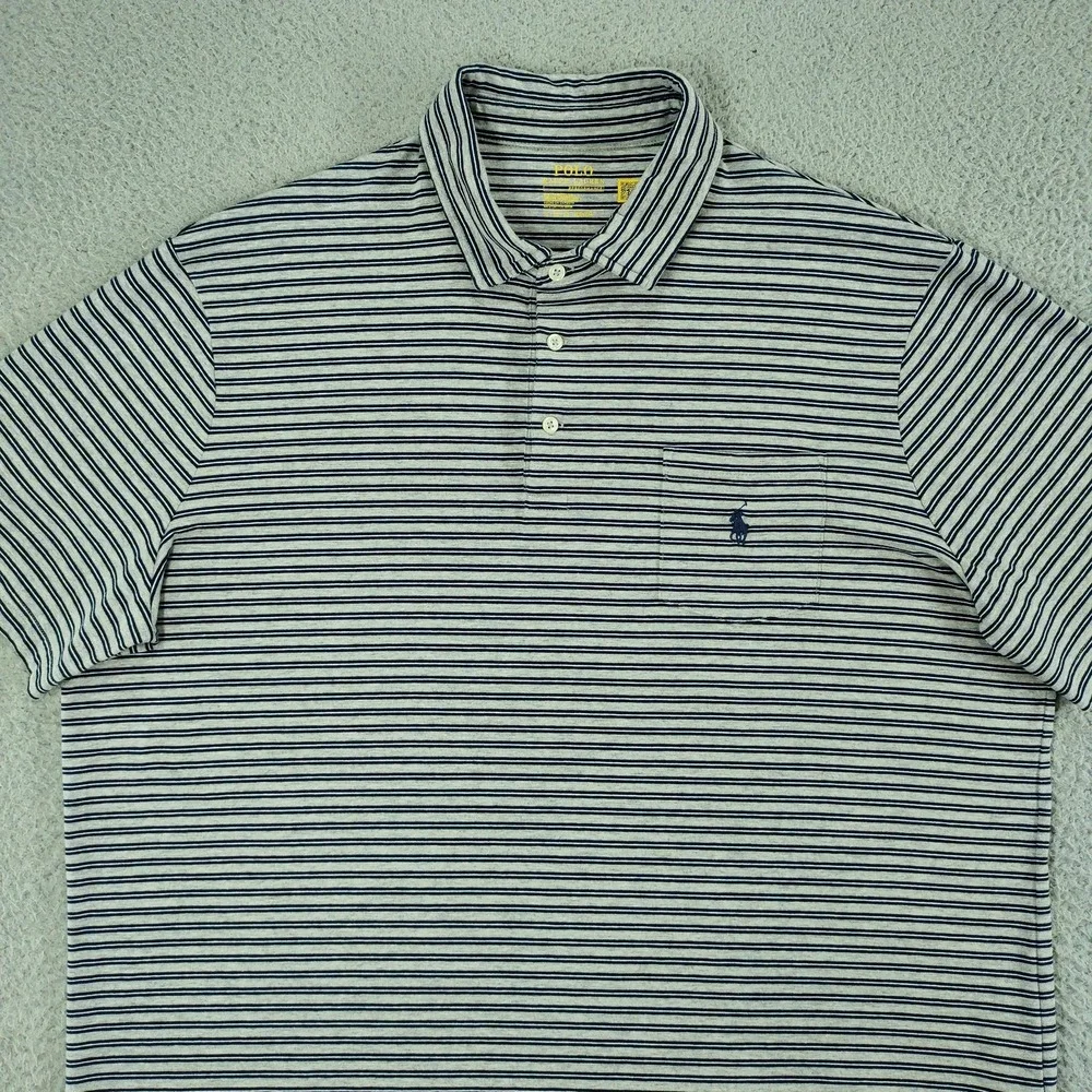 Polo Ralph Lauren Performance Polo Shirt Mens XL Gray Stripe Pocket Stretch